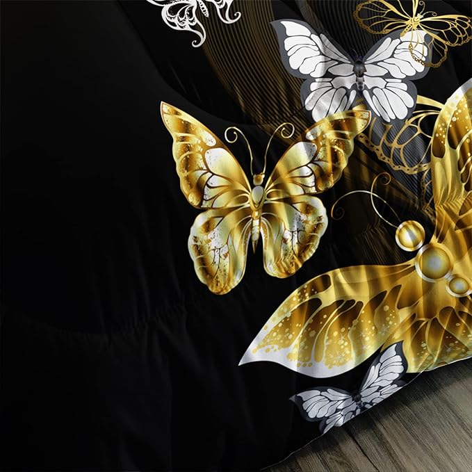 Butterfly Comforter Set for Adults Black and Gold Butterfly Bedding Set Aesthetics Butterflies Quilt Duvet Set Queen Size with 1 Comforter and 2 Pillowcases - LeafyLoom
