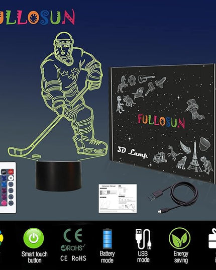 FULLOSUN 3D Night Lights Ice Hockey Athlete 3D Illusion Bedside Lamp 16 Colors Changing with Remote Control Best Birthday Gifts for Men Women - LeafyLoom