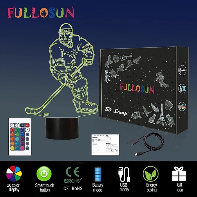 FULLOSUN 3D Night Lights Ice Hockey Athlete 3D Illusion Bedside Lamp 16 Colors Changing with Remote Control Best Birthday Gifts for Men Women - LeafyLoom