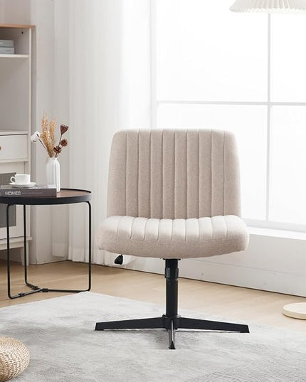 Armless Office Chair Wide Desk Chair Mid Back Accent Chair Padded Swivel Vanity Chair for Girl Women Computer Task Chair for Home Office (Linen, Beige with Cross Base) - LeafyLoom