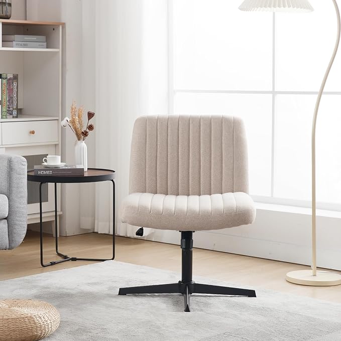 Armless Office Chair Wide Desk Chair Mid Back Accent Chair Padded Swivel Vanity Chair for Girl Women Computer Task Chair for Home Office (Linen, Beige with Cross Base) - LeafyLoom