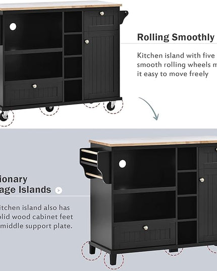 Mobile Cart with Storage Cabinet & Solid Wood Desktop, Kitchen Island on Wheels w/Adjustable Shelf and Drawer, Floor Standing Buffet Server Sideboard for Dining Room, Bar, Black, 50.8 Inch - LeafyLoom