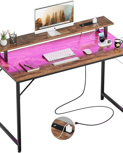 47 inch Computer Desk with Power Outlets, Gaming desk with LED Lights, Home Office Work Desk with Monitor Shelf, Modern Office Desk Study Writing Table for Small Spaces, Rustic Brown - LeafyLoom