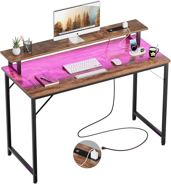 47 inch Computer Desk with Power Outlets, Gaming desk with LED Lights, Home Office Work Desk with Monitor Shelf, Modern Office Desk Study Writing Table for Small Spaces, Rustic Brown - LeafyLoom