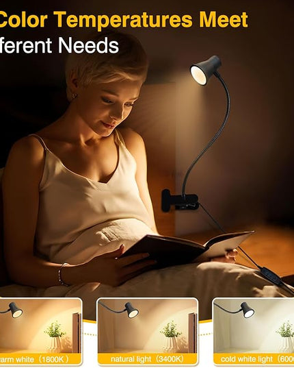 Clip on Light Reading for Bed LED Desk Lights 3 Color Modes 10 Brightness USB Lamp Eye Care 360° Flexible Gooseneck Dimmable for Headboard Computer Read Books Task Lamps with Adapter Bookmark(Black) - LeafyLoom