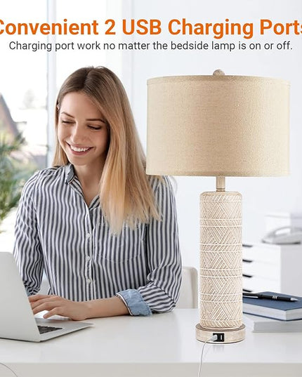 Set of 2 Contemporary Table Lamp, Ceramic Bedside Lamps with 3 Color Temperature, 27.5'' Nightstand Lamp Sets with USB Ports Linen Fabric Shade End Table Lamps for Living Room Bedroom, Bulb Included - LeafyLoom
