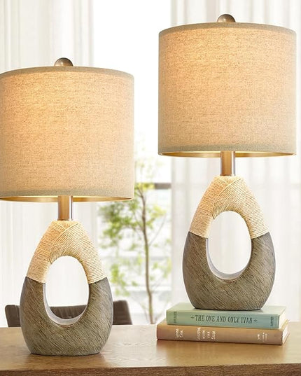 OYEARS Boho Table Lamps Bedroom Living Room Set 2 Sleeping and Reading,Small Farmhouse RattanTable Lamp 19”Rustic Egg Design Resin Light Decoration,Nightstand Bedside Lamps for Office Study Rest - LeafyLoom