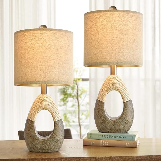 OYEARS Boho Table Lamps Bedroom Living Room Set 2 Sleeping and Reading,Small Farmhouse RattanTable Lamp 19”Rustic Egg Design Resin Light Decoration,Nightstand Bedside Lamps for Office Study Rest - LeafyLoom