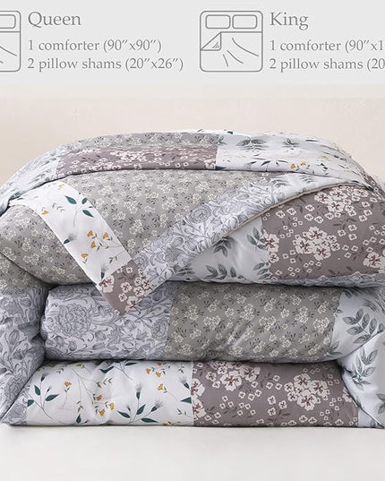 Whale Flotilla Queen Full Comforter Set, Soft Reversible Grey Bedding Comforter Set with Boho Pattern, 1 Micoriber Patchwork Comforter and 2 Pillow Shams, 3 Pieces - LeafyLoom