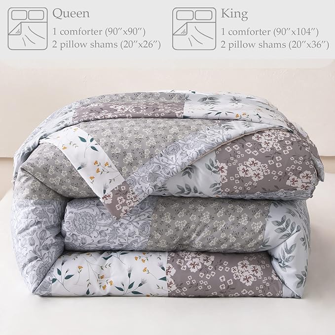 Whale Flotilla Queen Full Comforter Set, Soft Reversible Grey Bedding Comforter Set with Boho Pattern, 1 Micoriber Patchwork Comforter and 2 Pillow Shams, 3 Pieces - LeafyLoom