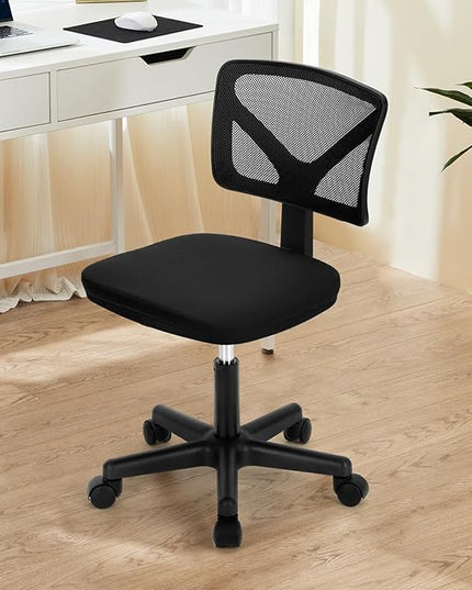Sweetcrispy Armless Desk Chair - Small Home Office Chair with Wheels, Mesh Low Back Task Chair with Lumbar Support and Wheels, Adjustable Height 360° Rolling Swivel Computer Chair without Arm, Black - LeafyLoom
