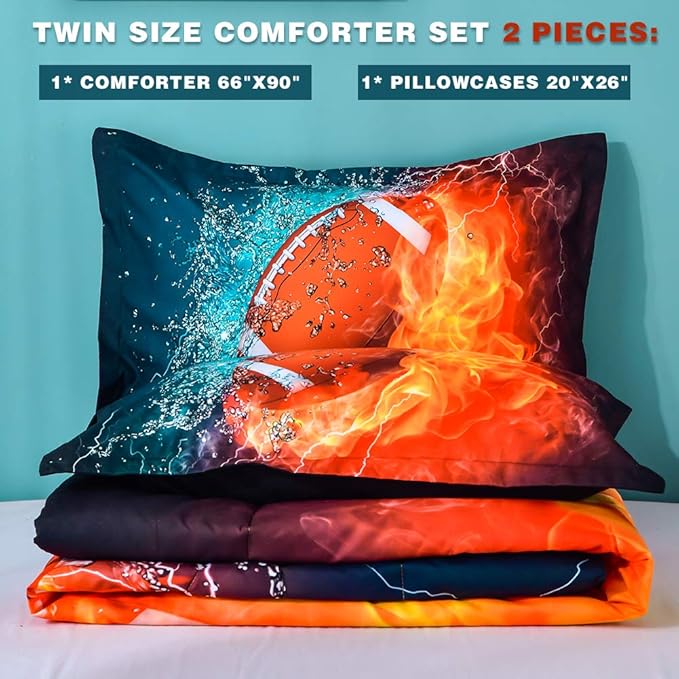 Andency Football Comforter Set Twin(66x90 Inch), 2 Pieces(1 Football Comforter, 1 Pillowcase) Sport Microfiber Comforter Set Bedding Set for Kids Boys Teens - LeafyLoom