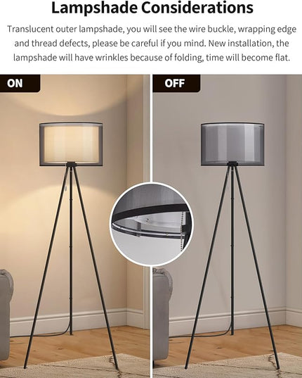 KDG Modern Floor Lamp for Living Room, Tall Tripod Floor Lamp Corner Lighting, Fabric Lampshade LED Bulb Bright Pole Light, High Light for Bedroom, Reading, Office, Study Room, Warm Light(Black) - LeafyLoom