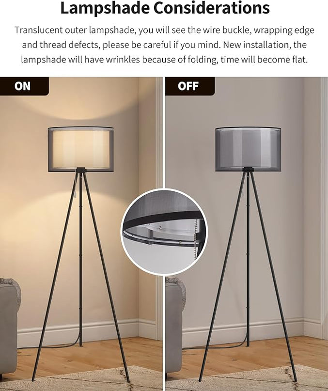 KDG Modern Floor Lamp for Living Room, Tall Tripod Floor Lamp Corner Lighting, Fabric Lampshade LED Bulb Bright Pole Light, High Light for Bedroom, Reading, Office, Study Room, Warm Light(Black) - LeafyLoom