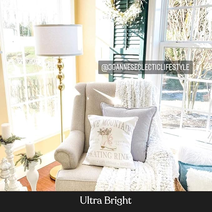 Brightech Riley LED Floor lamp, Boho Lamp for Living Rooms & Offices, Great Living Room Décor, Mid-Century Standing Lamp for Bedroom Reading, Tall Lamp with Drum Shade - Gold/Brass - LeafyLoom