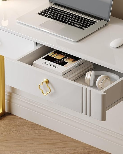 White Desk with Drawers,Modern Laptop Table with gold metal legs,43 inch Makeup Vanity Small Desk with Storage, Stylish & Functional Computer Desk Work Stations for Home Office - LeafyLoom