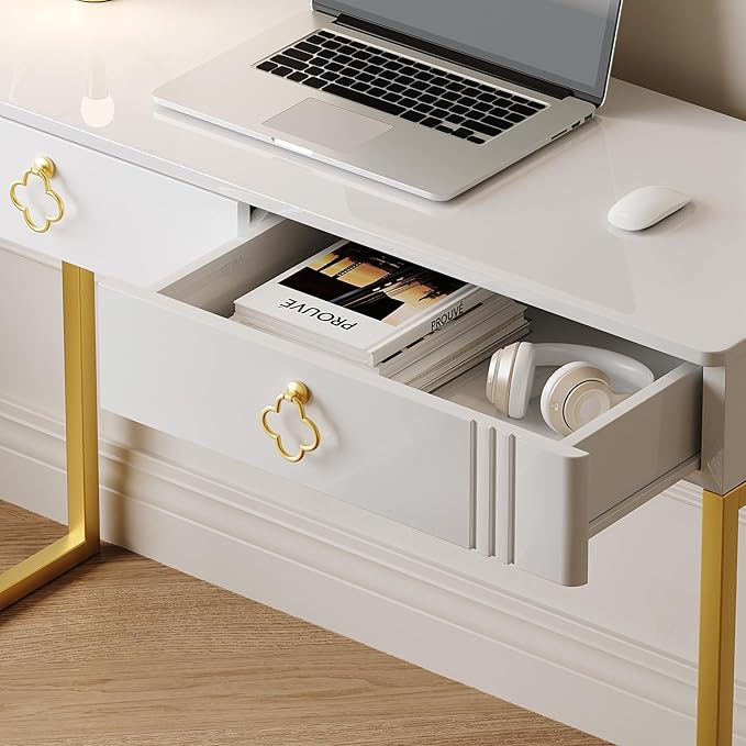 White Desk with Drawers,Modern Laptop Table with gold metal legs,43 inch Makeup Vanity Small Desk with Storage, Stylish & Functional Computer Desk Work Stations for Home Office - LeafyLoom