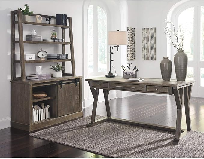 Signature Design by Ashley Luxenford Rustic Farmhouse 60" Home Office Desk with Drawers, Distressed Gray - LeafyLoom