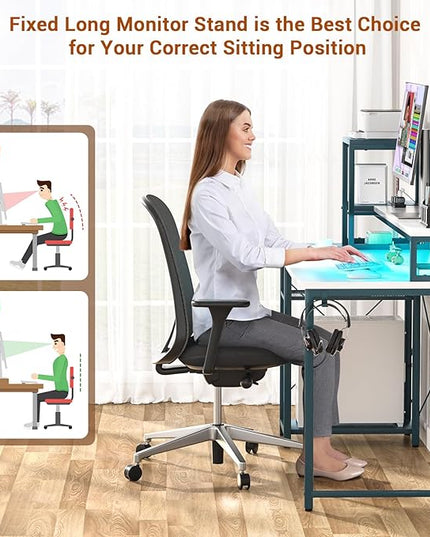 armocity 2024 Upgrade Gaming Desk with LED Lights, Small Computer Desk with Long Monitor Stand, 40'' Reversible Laptop Table with Shelves, Small Desk for Small Spaces, Gaming Room, White and Blue - LeafyLoom
