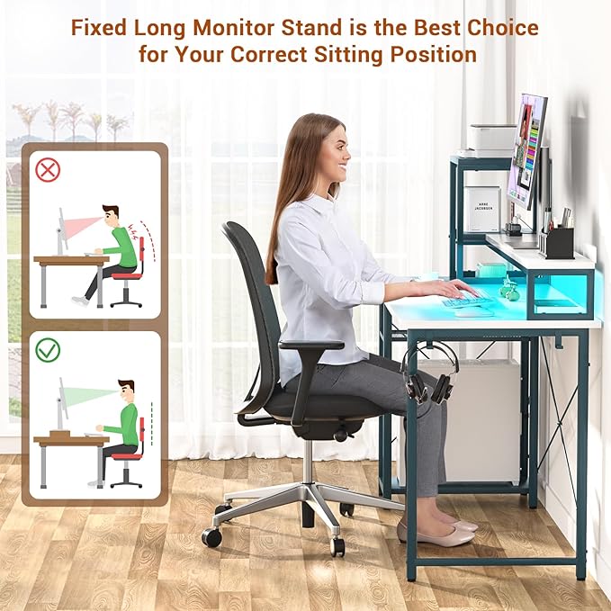 armocity 2024 Upgrade Gaming Desk with LED Lights, Small Computer Desk with Long Monitor Stand, 40'' Reversible Laptop Table with Shelves, Small Desk for Small Spaces, Gaming Room, White and Blue - LeafyLoom