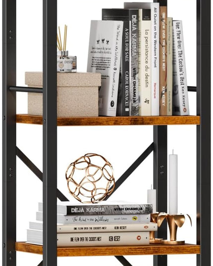 Furologee 5 Tier Tall Bookshelf, Rustic Narrow Bookcase, Display Standing Shelf Units, Metal and Wood Storage Shelves Organizer for Bedroom, Living Room, Home Office, Entryway, Kitchen, Rustic Brown - LeafyLoom