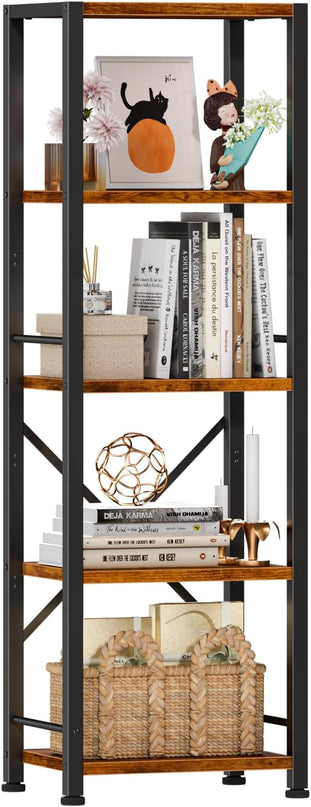 Furologee 5 Tier Tall Bookshelf, Rustic Narrow Bookcase, Display Standing Shelf Units, Metal and Wood Storage Shelves Organizer for Bedroom, Living Room, Home Office, Entryway, Kitchen, Rustic Brown - LeafyLoom