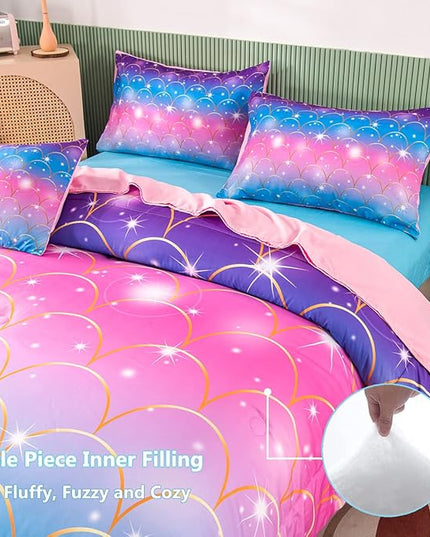 PERFEMET Pink Mermaid Comforter Set Full Size 6 Pieces Bed in A Bag Colorful Rainbow Bedding Set for Teens Girls 3D Sparkly Glitter Ombre Bed Set with Comforter and Sheets (Pink Mermaid, Full) - LeafyLoom