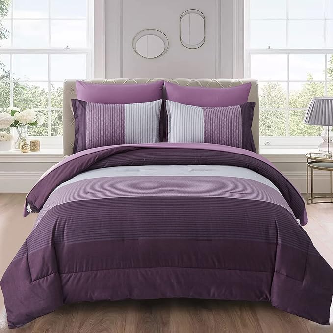 WONGS BEDDING Purple Comforter Sets King, Reversible Striped Patchwork Down Alternative Comforter for King Bed,3 Pieces (1Comforter+2 Pillowcase), Soft Microfiber Bedding Duvet Insert Set 104”×90” - LeafyLoom