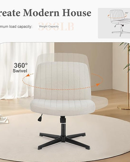 Sweetcrispy Criss Cross Chair Legged, Armless Office Desk Chair No Wheels, Swivel Vanity Chair, Height Adjustable Wide Seat Computer Task Chair, Fabric Vanity Modern Home Chair Beige - LeafyLoom