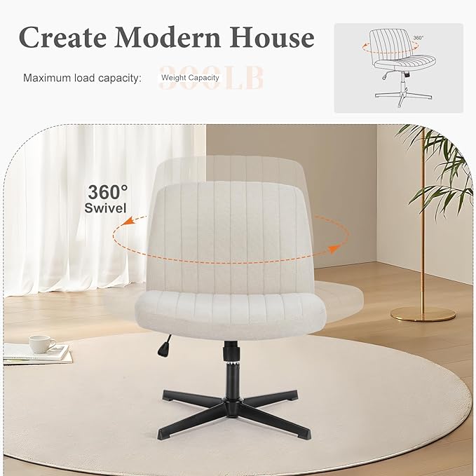 Sweetcrispy Criss Cross Chair Legged, Armless Office Desk Chair No Wheels, Swivel Vanity Chair, Height Adjustable Wide Seat Computer Task Chair, Fabric Vanity Modern Home Chair Beige - LeafyLoom