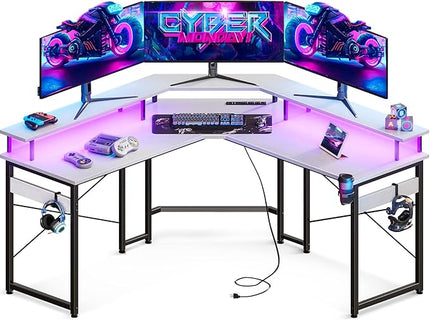 ODK L Shaped Gaming Desk with LED Lights & Power Outlets, 51" Computer Desk with Full Monitor Stand, Corner Desk with Cup Holder, Gaming Table with Hooks, White - LeafyLoom
