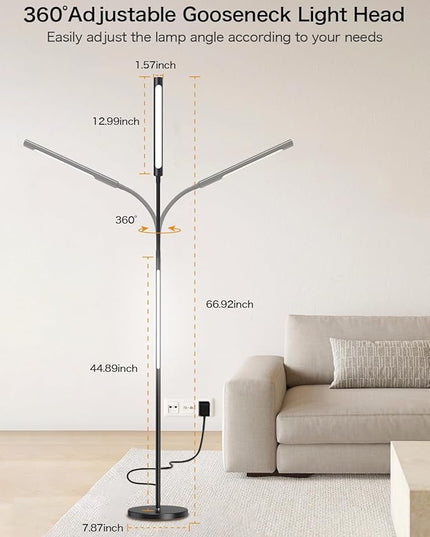 LED Floor Lamp,15W Dimmable Bright Reading & RGB Atmosphere Light,4 Color Temperatures,Remote and Touch Control,Music Sync,Adjustable Gooseneck Standing Task Lamp for Living Room Bedroom - LeafyLoom