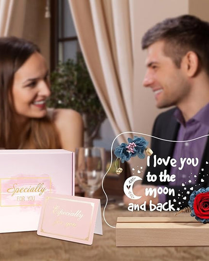 Yamonic Valentines Day Gifts for Her, Handmade Acrylic Plaque with Eternal Real Rose, Night Light with Preserved Rose Romantic Gifts for Girlfriend Wife Women (to The Moon and Back) - LeafyLoom