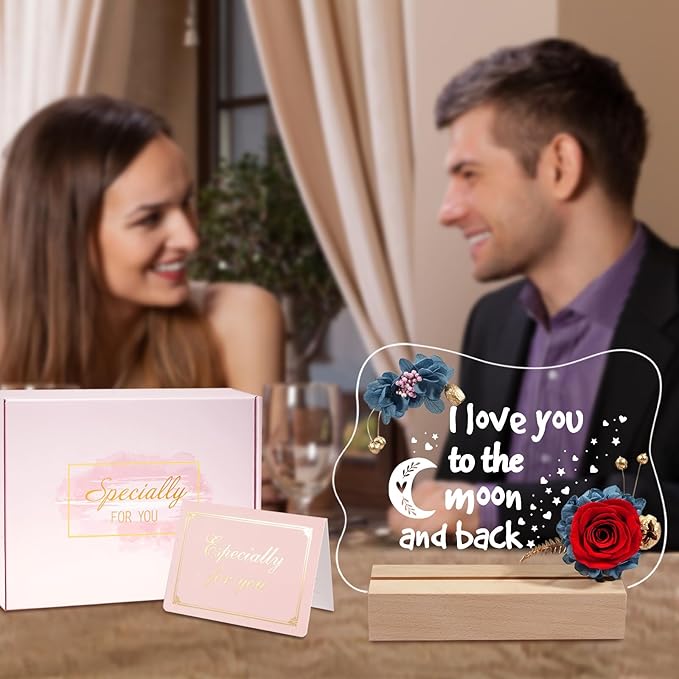 Yamonic Valentines Day Gifts for Her, Handmade Acrylic Plaque with Eternal Real Rose, Night Light with Preserved Rose Romantic Gifts for Girlfriend Wife Women (to The Moon and Back) - LeafyLoom