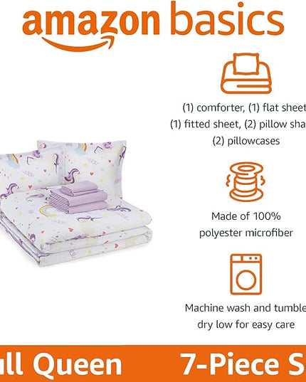 Amazon Basics Microfiber Kid's Bed-in-a-Bag 7 Piece Bedding Set, Full/Queen, Unicorn Print - LeafyLoom