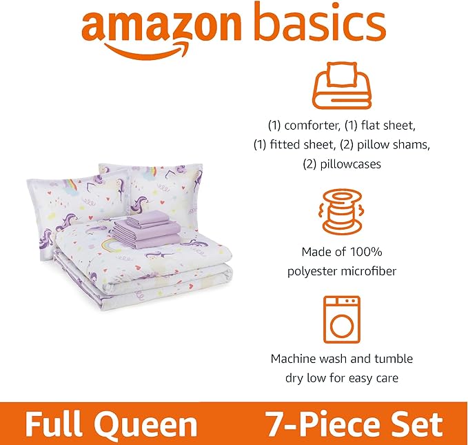 Amazon Basics Microfiber Kid's Bed-in-a-Bag 7 Piece Bedding Set, Full/Queen, Unicorn Print - LeafyLoom