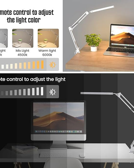 LED Desk Lamp, Swing Arm Desk Light with Clamp, 3 Lighting 10 Brightness Eye-caring Modes, reading desk lamps for home office 360°Spin with USB Adapter & Memory Function white-14W - LeafyLoom