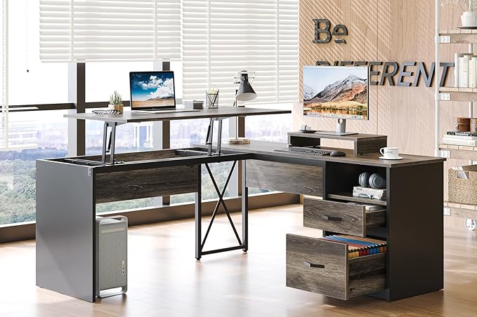 Bestier Lift Top L Shaped Desk with File Drawer, 55'' x 55'' Office Desk with Reversible Storage Drawers, L Shaped Standing Desk with Computer Monitor Stand (Retro Grey Oak Dark, 55'' x 55'') - LeafyLoom