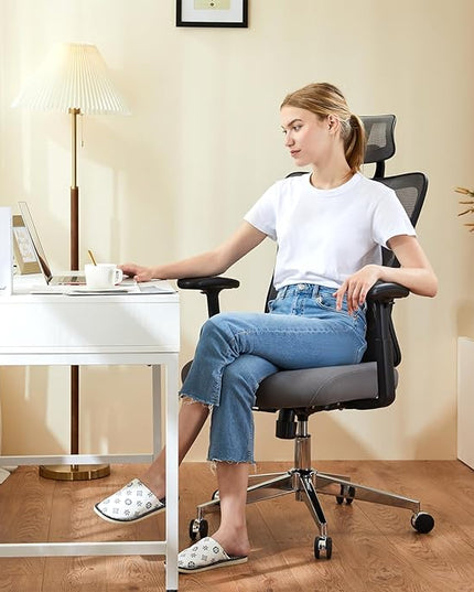 Sweetcrispy Ergonomic Office Desk Computer Chair, High Back Comfy Swivel Home Gaming Mesh Chairs with Wheels, Adjustable Lumbar Support, Headrest, Liftable 2D Arms,135° Tilt for Bedroom, Study, Grey - LeafyLoom