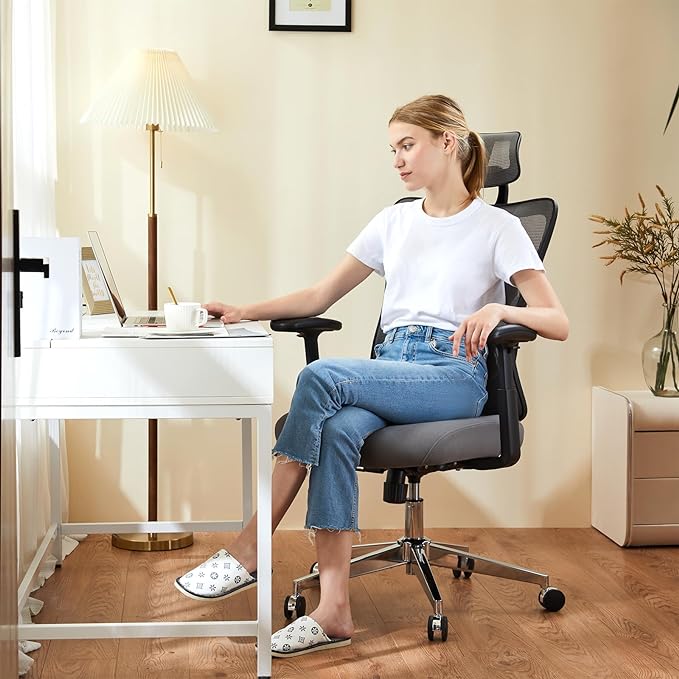 Sweetcrispy Ergonomic Office Desk Computer Chair, High Back Comfy Swivel Home Gaming Mesh Chairs with Wheels, Adjustable Lumbar Support, Headrest, Liftable 2D Arms,135° Tilt for Bedroom, Study, Grey - LeafyLoom