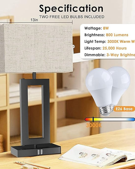 Tall Table Lamps for Living Room Set of 2, Modern Bedside Lamps w. 2 USB Ports, 3-Way Dimmable Touch Control Nightstand Lamp Set w. Fabric Cream Shade for Bedroom End Table, 22 in - LeafyLoom