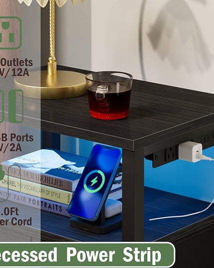 Furnulem Tall Night Stand with Charging Station and Led Light, Small Dresser with Open Shelf and 4 Storage Drawers, Black Side Table Fabric Nightstand for Bedroom, Entryway, Bedside Furniture - LeafyLoom