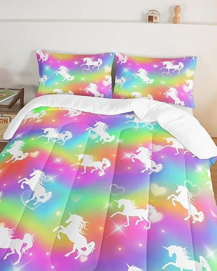 HOSIMA Unicorn Bedding 3pcs Rainbow Comforter Set with 2 Pillowcases,Sparkle Stars Twin Bed in a Bag Sets for Adults Teen Girls,Cute Rainbow Unicorn Twin Comforter Princess Toddler Bedding Set. - LeafyLoom