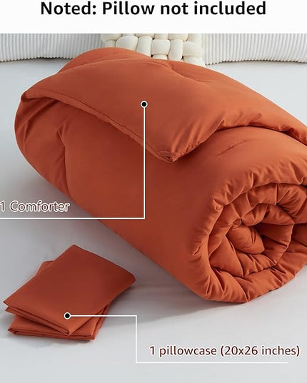 CozyLux Terracotta Comforter Set Twin/Twin XL Size, 2 Pieces Twin Extra Long Solid Burnt Orange Breathable Boho Style Bedding Sets, Luxury Soft Comforter All Season(1 Comforter & 1 Pillowcase) - LeafyLoom
