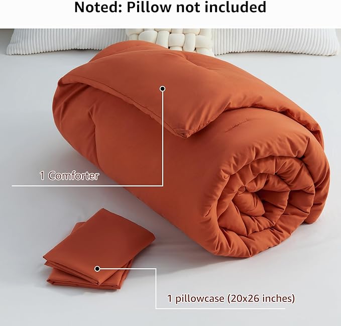 CozyLux Terracotta Comforter Set Twin/Twin XL Size, 2 Pieces Twin Extra Long Solid Burnt Orange Breathable Boho Style Bedding Sets, Luxury Soft Comforter All Season(1 Comforter & 1 Pillowcase) - LeafyLoom