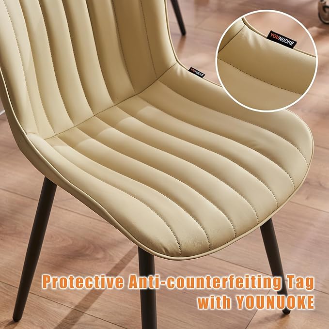 YOUNUOKE Beige Dining Chairs Set of 2 Upholstered Mid Century Kitchen Chairs Armless Faux Leather Modern Side Chair with Padded Backs Metal Legs for Living Room Bedrooms - LeafyLoom