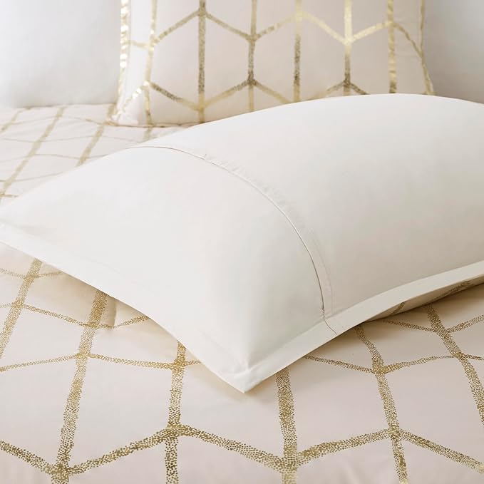 Intelligent Design Raina Twin / Twin XL Comforter Set, Soft Microfiber Comforter Set Twin, Modern Geometric Metallic Bed Set, 4 Pieces College Bedding Comforter Set with 1 Sham, 2 Toss Pillows Ivory - LeafyLoom