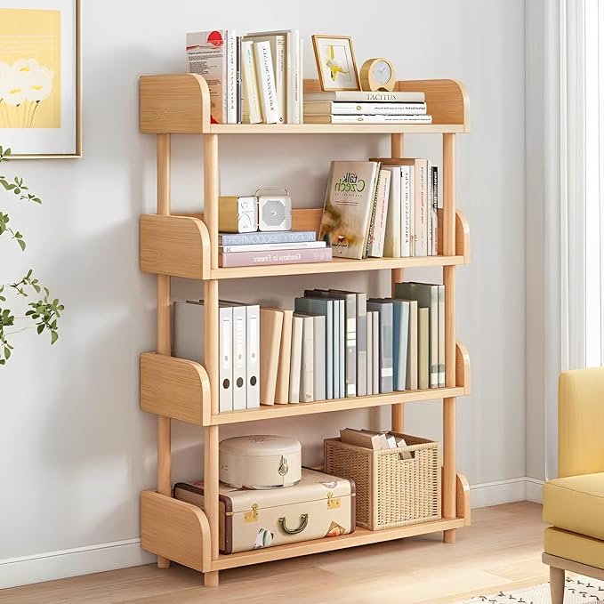 4-Tier Wooden Open Bookcase - Modern Display Bookshelf with Top Edge and Solid Wood Frame for Home and Office, Storage Cabinet, Oak - LeafyLoom