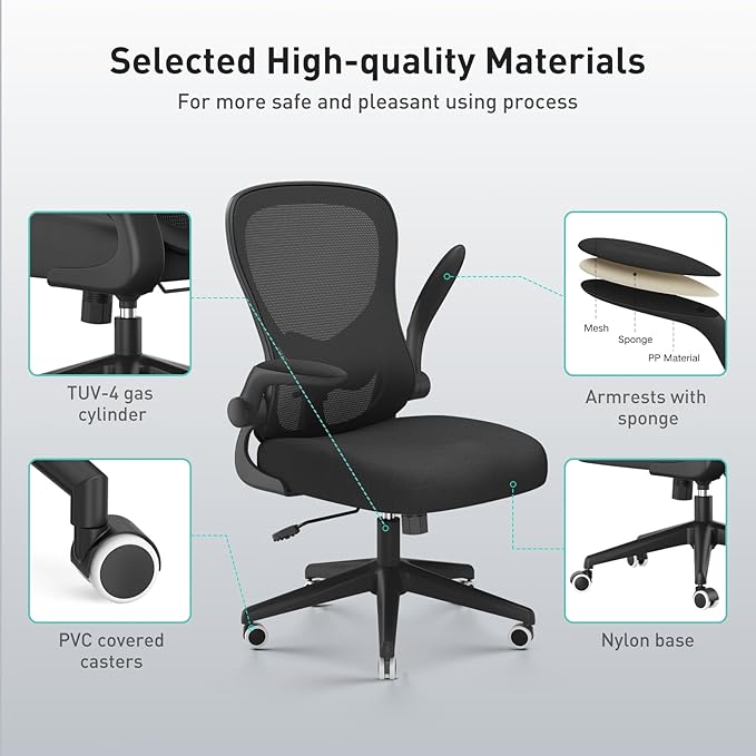 Hbada Office Chair Ergonomic Desk Chair, Office Chairs with PU Silent Wheels, Breathable Mesh Computer Chair with Adjustable Lumbar Support, Flip-up Armrests, Tilt Function, Black - LeafyLoom