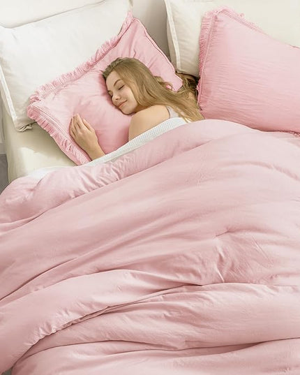 Andency Pink Tassel Comforter Set Full(79x90Inch), 3 Pieces(1 boho Comforter, 2 Pillowcases) Farmhouse Shabby Chic Comforter Set, Soft Microfiber Lightweight Fringe Bedding Comforter Set - LeafyLoom